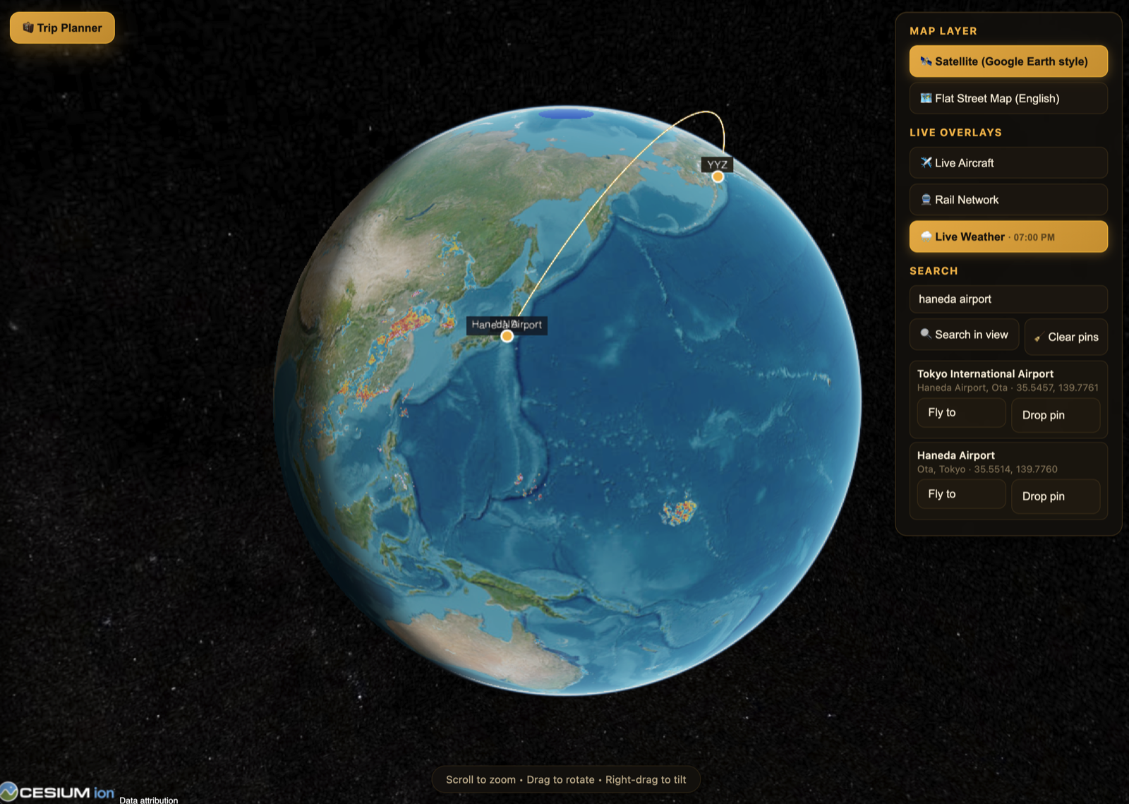 Trip Planner BETA globe map preview